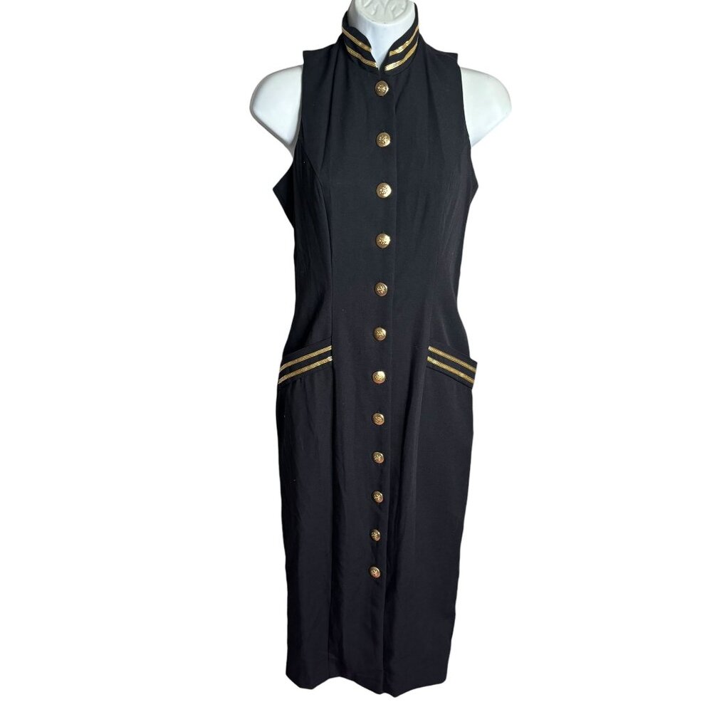 Vintage 90s Madison Wells Sleeveless Black Dress Size 3/4 Gold Buttons Stripes